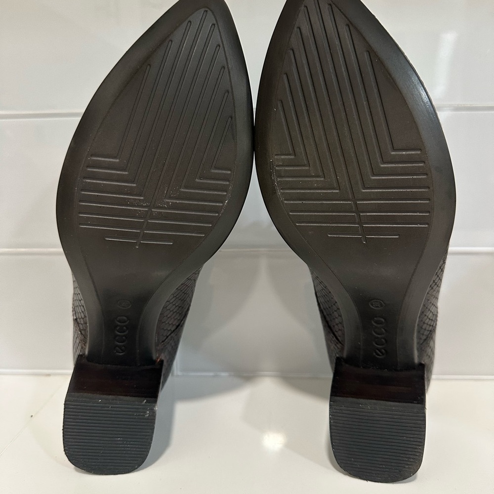 ECCO brown snakeskin finish leather point toe block heel booties shoes EU 38 New - Picture 6 of 9